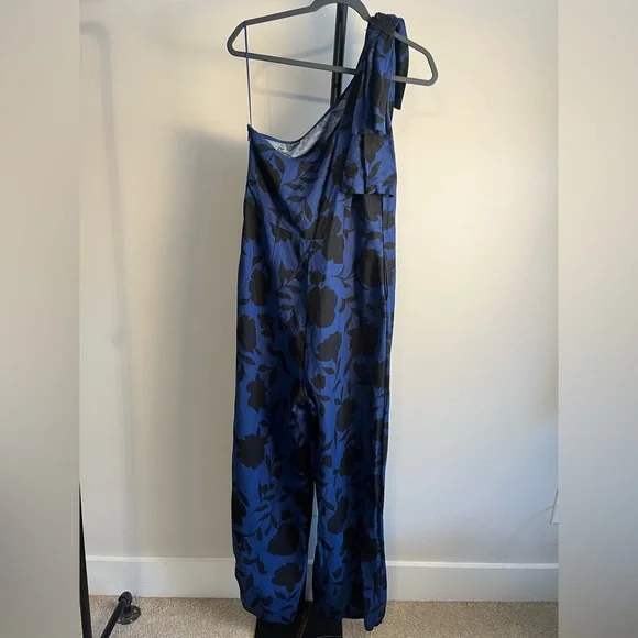 New! Kate Spade x Target Elegant Blue Floral One-Shoulder Jumpsuit Linen Size 10 - Picture 6 of 8